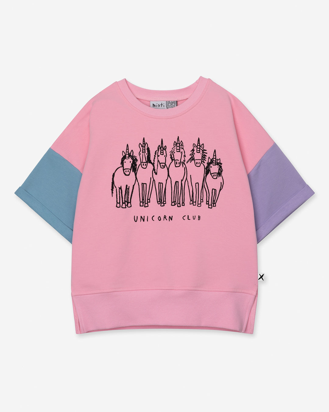 Unicorn Club Short Sleeve Crew in pink, purple and aqua, girls sweatshirt by Minti, flat lay