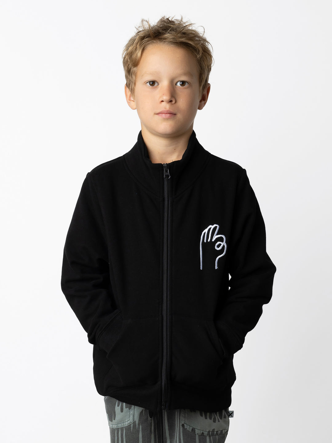 Minti kids clothing. Super cosy and soft zip up high neck crew with 2x2 Rib cuffs and hem. Front kangaroo pocket to keep hands warm. 330 Gram // Brushed Inside // 95% Cotton // 5% Elastane.