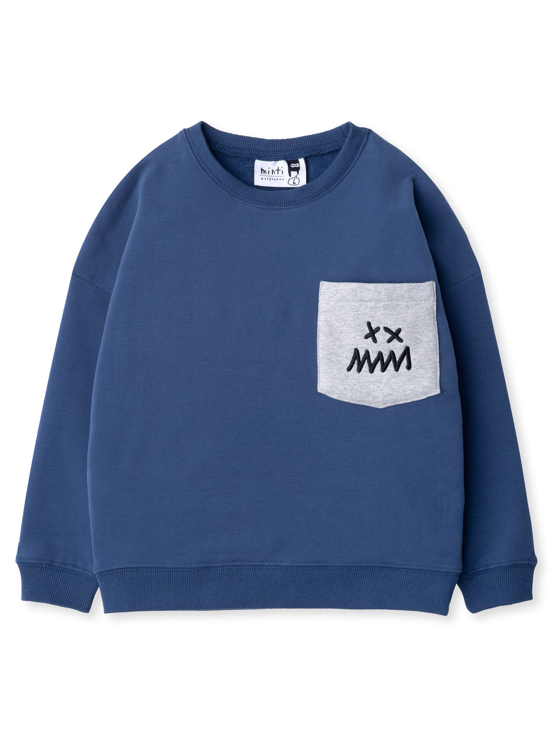 Minti kids clothing. Super cosy oversized fit crew with drop shoulder detail and cool front pocket. 2x2 Rib at the neck, hem and cuffs. 330 Gram // Brushed Inside // 95% Cotton // 5% Elastane.