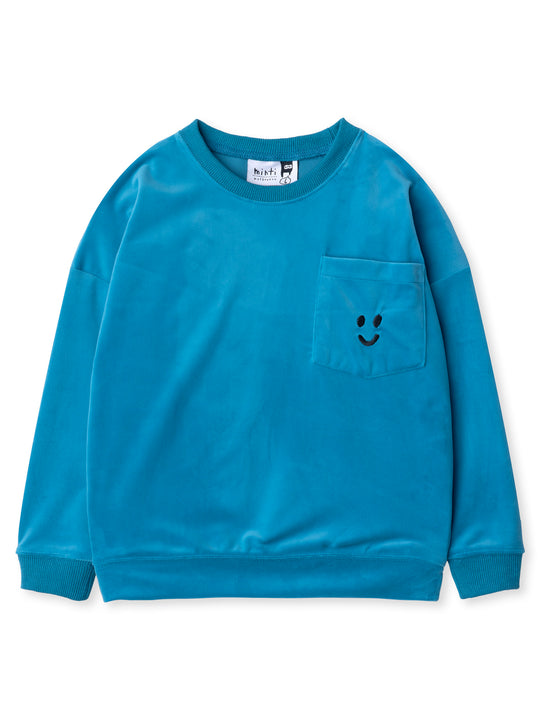 Minti kids clothing. Super cosy oversized fit crew with drop shoulder detail and cool front pocket. 2x2 Rib at the neck, hem and cuffs. 92% Polyester // 8% Spandex.