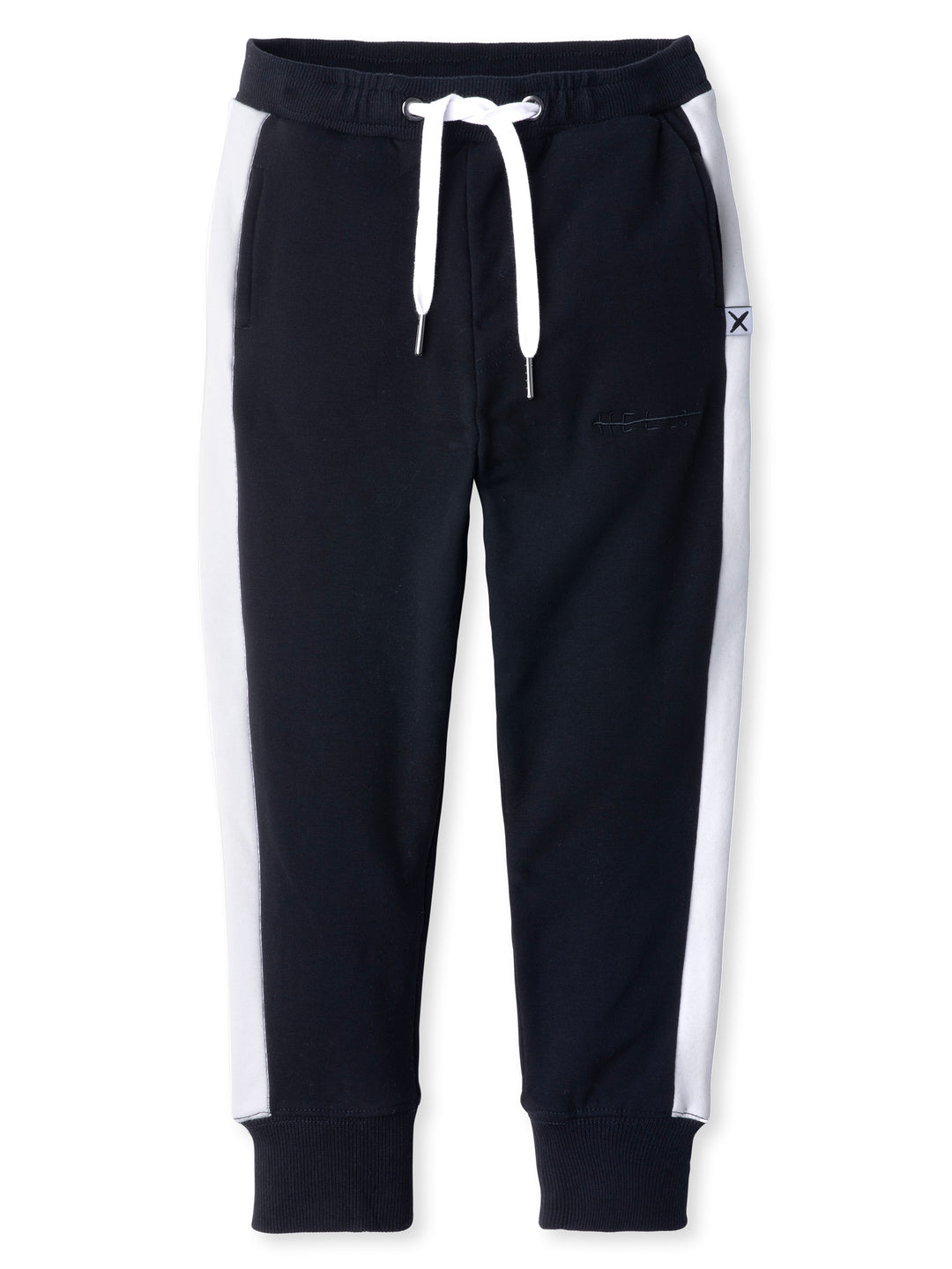 Minti kids clothing. Slim leg trackies with super cool contrast side panel! Front pockets, one back pocket, 2x2 rib elasticated waistband with shoelace tie. 2x2 rib cuffs. Small tonal Minti embroidery on the front. 330 Gram // Brushed Inside // 95% Cotton // 5% Elastane.