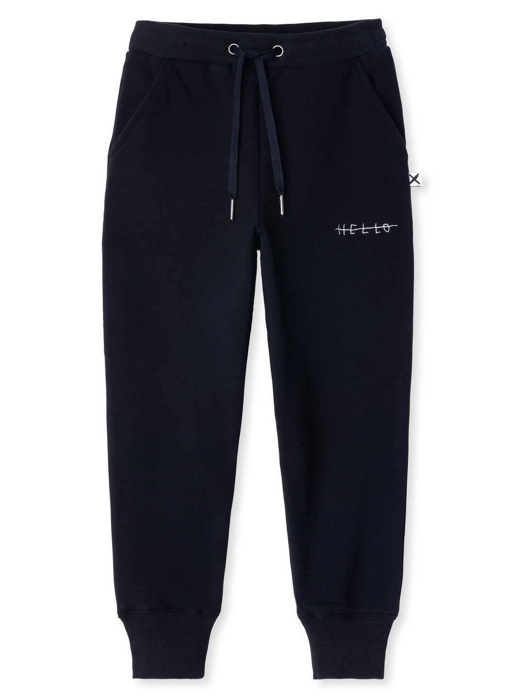 Minti kids clothing. Straight leg trackies with rounded front pockets, elastic waistband, shoelace ties, 2x2 rib cuffs and a small embroidery on the front. 330 Gram // Brushed Inside // 95% Cotton // 5% Elastane.