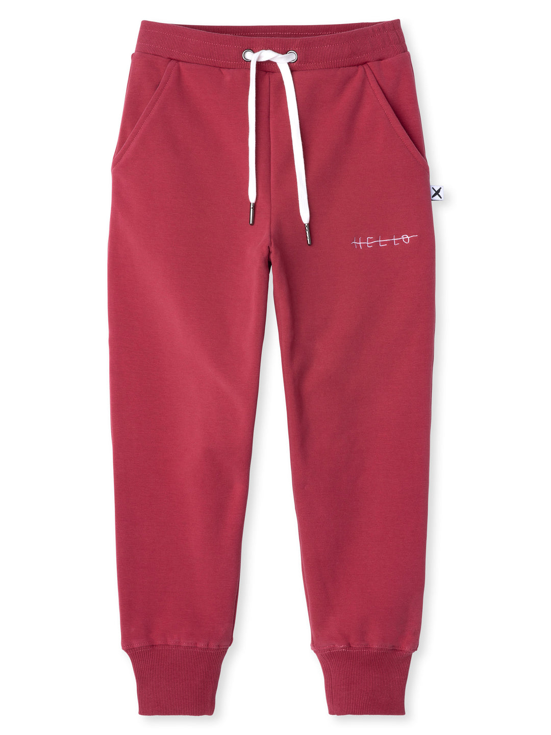 Minti kids clothing. Straight leg trackies with rounded front pockets, elastic waistband, shoelace ties, 2x2 rib cuffs and a small embroidery on the front. 330 Gram // Brushed Inside // 95% Cotton // 5% Elastane.