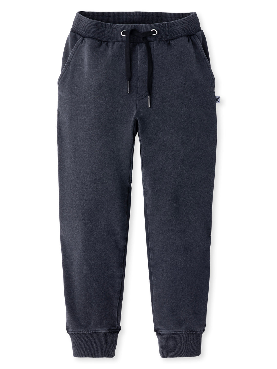 Minti kids clothing. Relaxed leg trackies featuring an elasticated waistband, front pockets, shoestring cord and one back pocket with a Minti embroidery. Gusset panel through the inner leg for extra comfort and easy movement. 260 Gram // 95% Cotton // 5% Elastane.