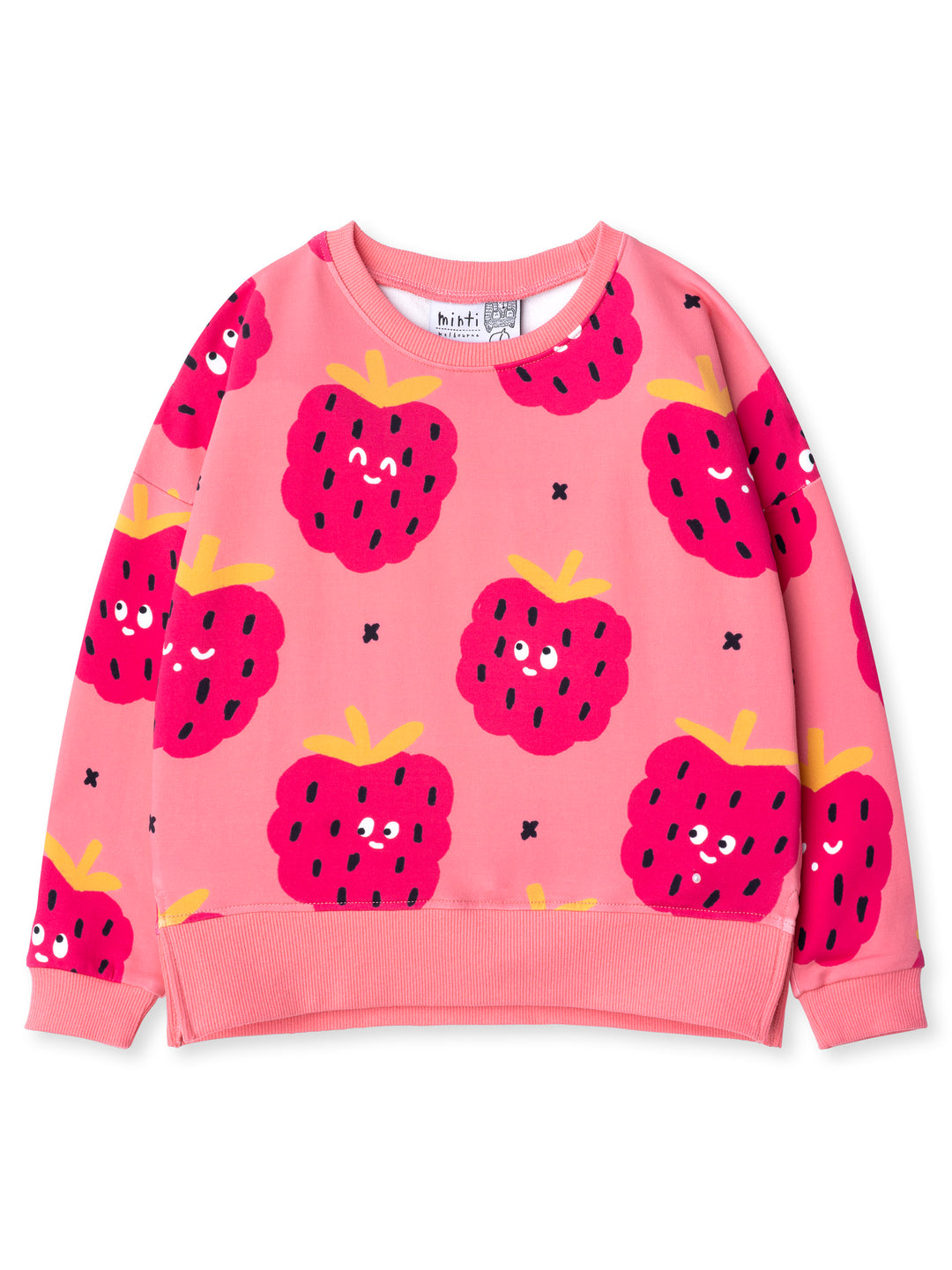 Minti kids clothing. Super cosy crew with drop shoulder detail and split hem. 2x2 Rib at the neck and hem. 260 Gram // 95% Cotton // 5% Elastane.