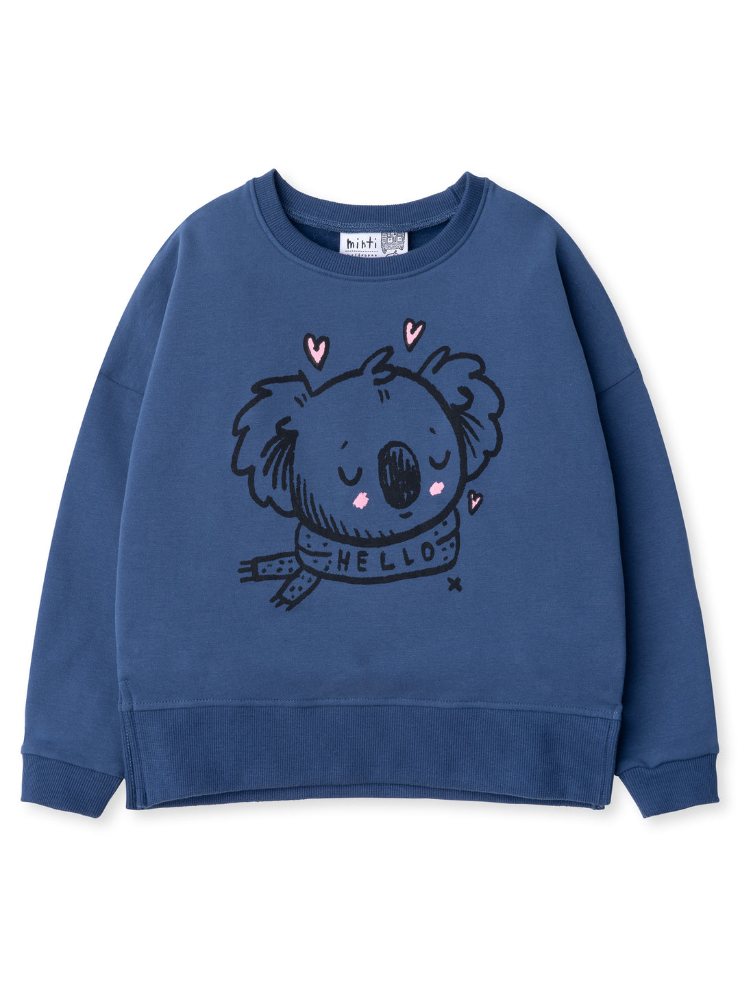 Minti kids clothing. Super cosy crew with drop shoulder detail and split hem. 2x2 Rib at the neck and hem. 260 Gram // 95% Cotton // 5% Elastane.