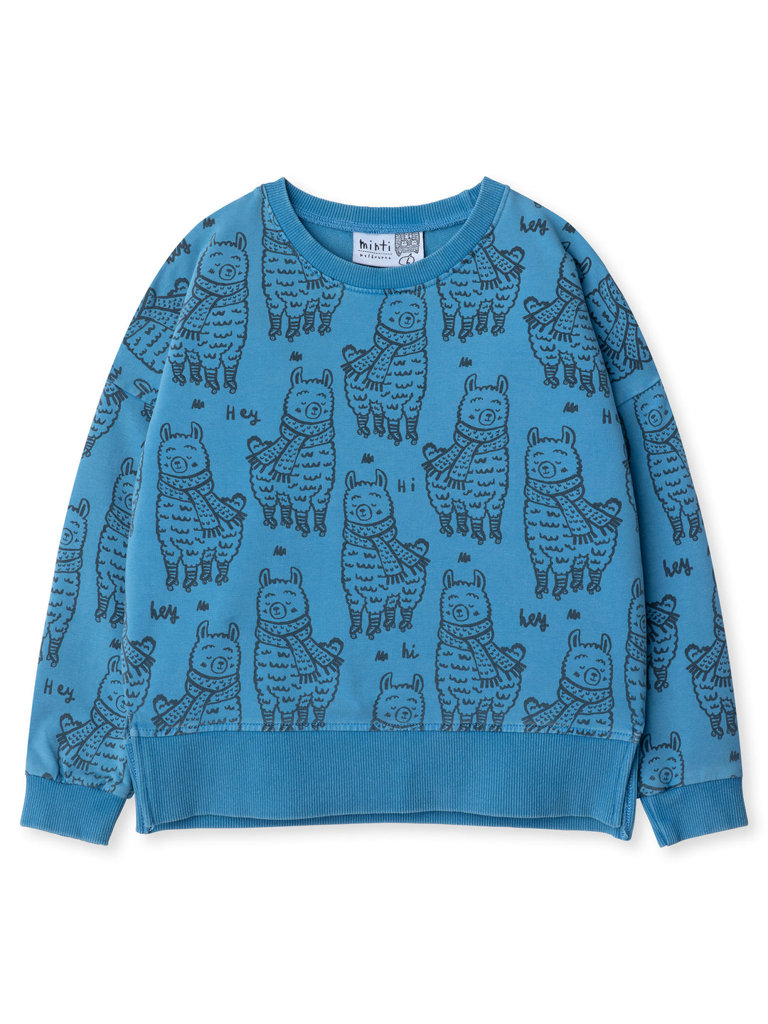 Minti kids clothing. Super cosy crew with drop shoulder detail and split hem. 2x2 Rib at the neck and hem. 260 Gram // 95% Cotton // 5% Elastane.