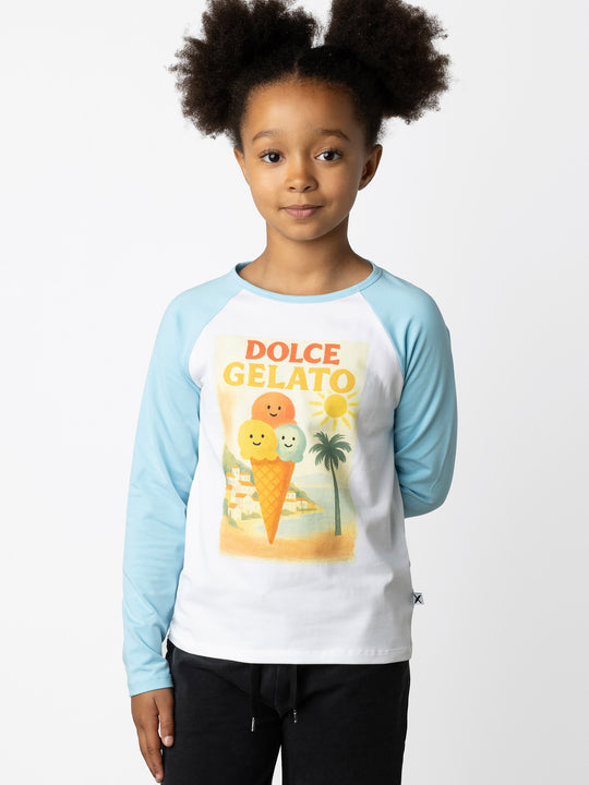 Minti kids clothing. Luxe raglan tee with contrast sleeves and neck. 190 Gram // 95% Cotton // 5% Elastane.