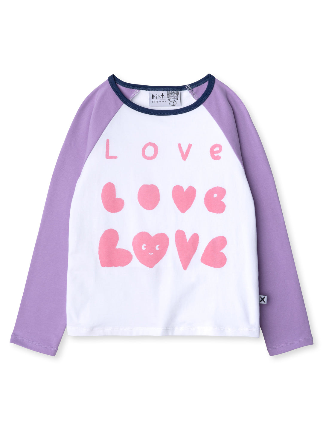 Minti kids clothing. Luxe raglan tee with contrast sleeves and neck. 190 Gram // 95% Cotton // 5% Elastane.