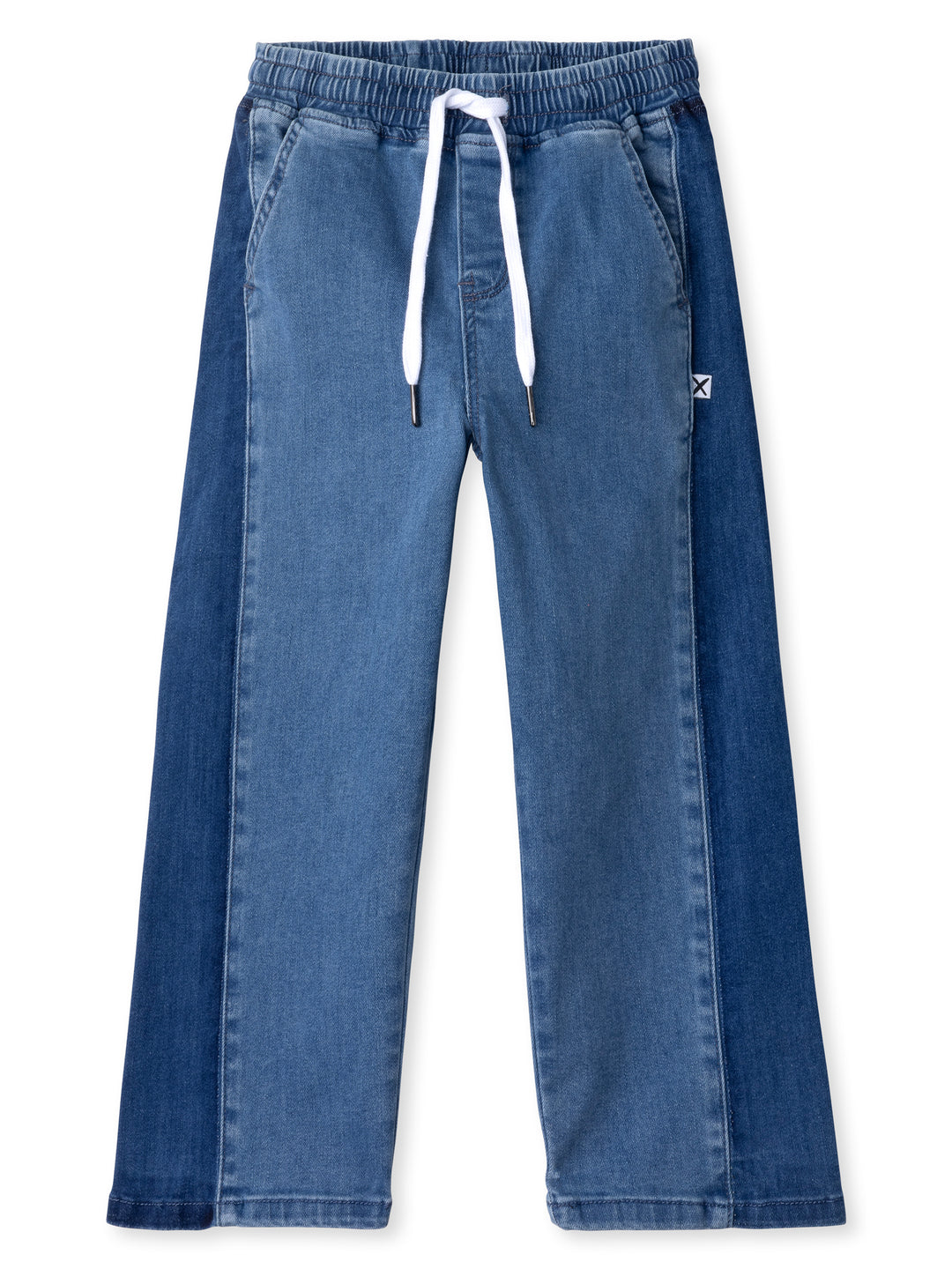 Minti kids clothing. Super cool wide leg jeans with contrast side panel, elasticated waistband, shoelace cord and front pockets. Super comfy stretch denim. Cotton // Polyester // Elastane.