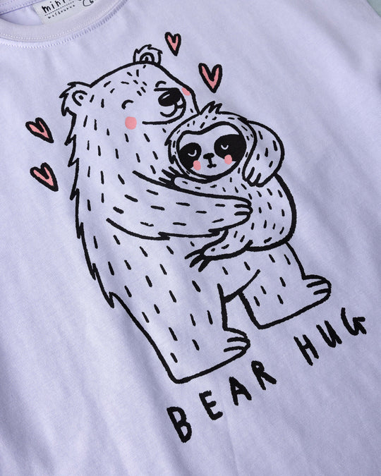 Close up of the Bear Hug Tee print in lilac, lemon and blue