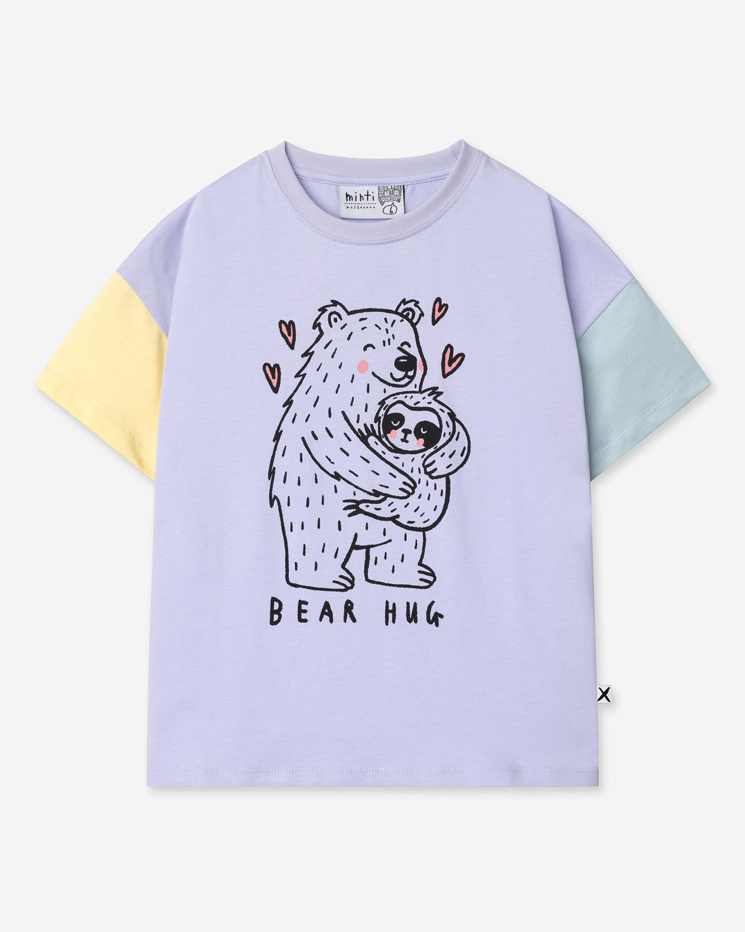 Bear Hug Tee in lilac, lemon and blue, girls t shirt by Minti, flat lay