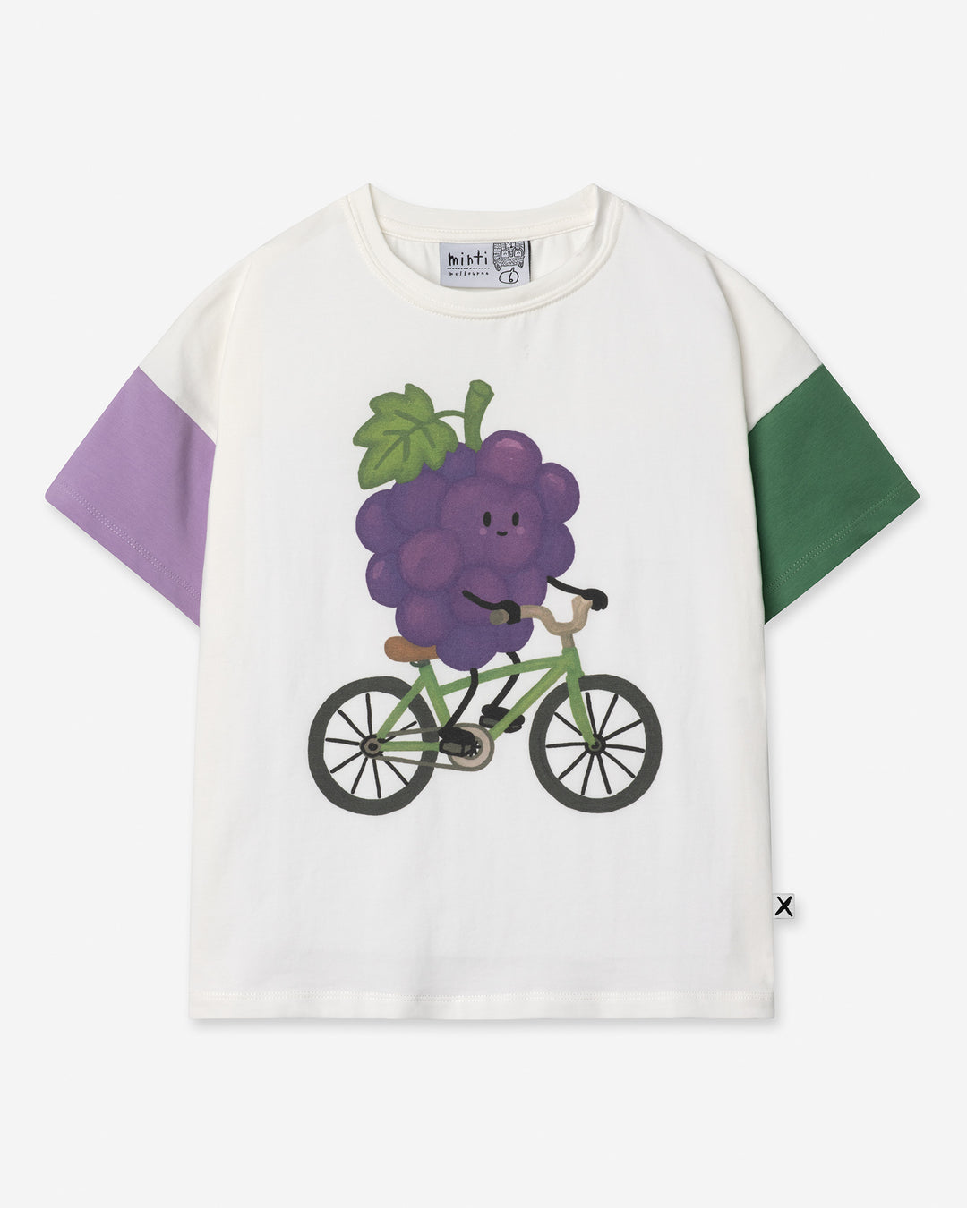 Biking Grape Tee in white, purple and green, girls t shirt by Minti, flat lay