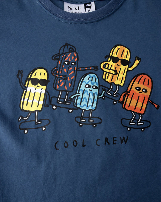 Close up of the Cool Crew Tee print in blue