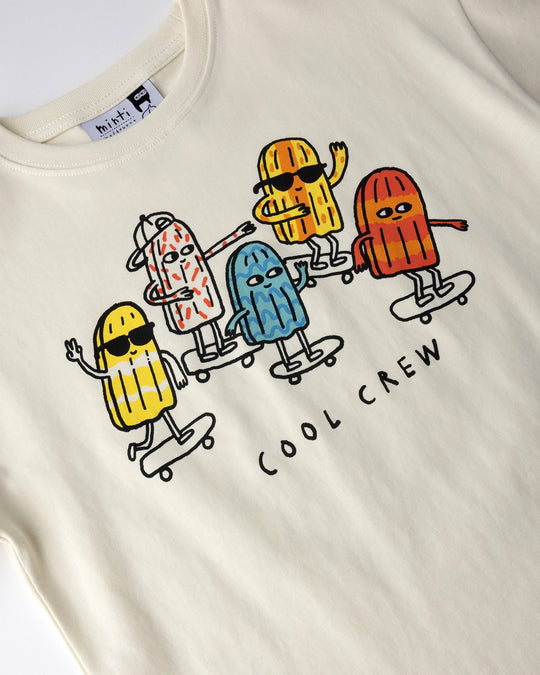 Close up of the Cool Crew Tee print in cream