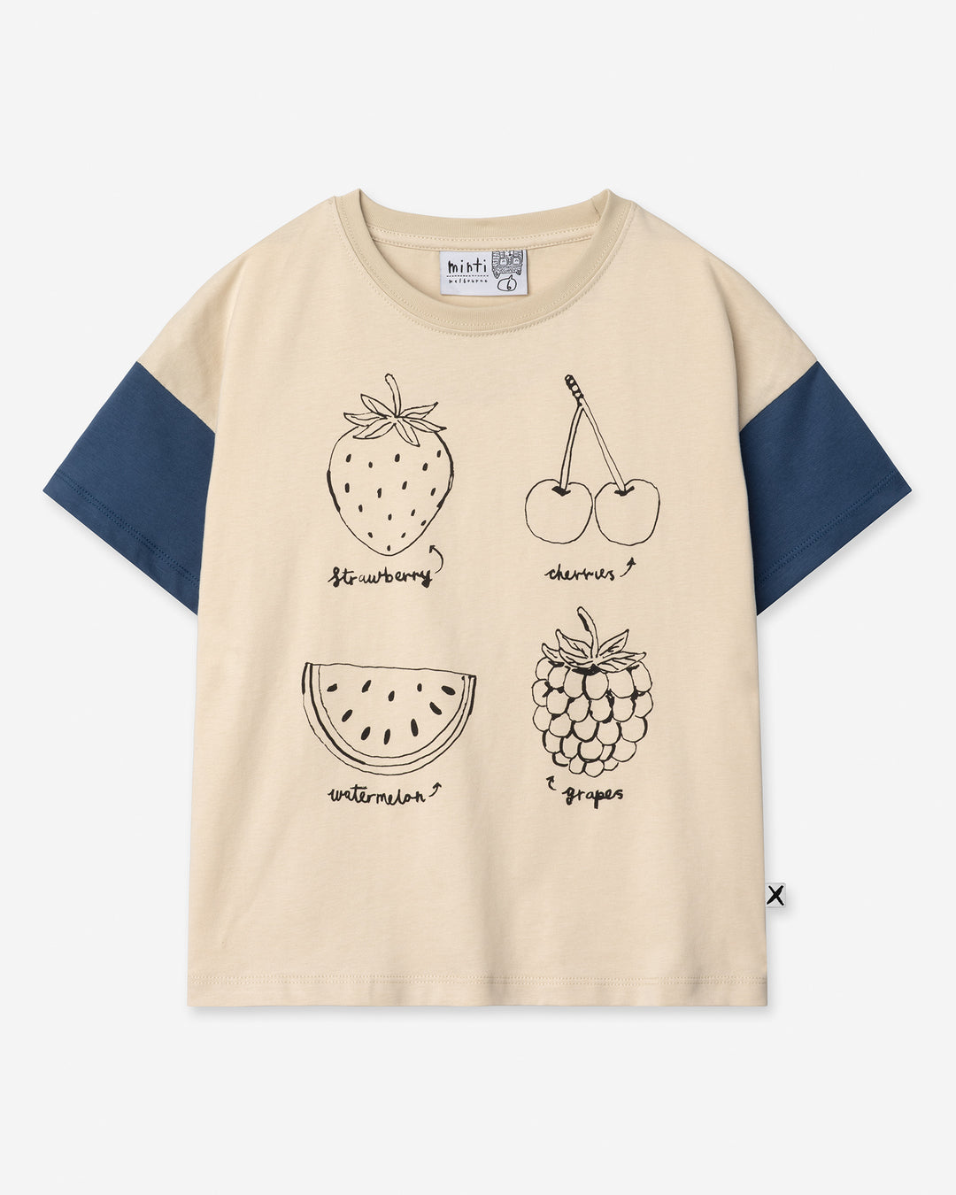 Different Fruits Tee in stone and midnight, girls t shirt by Minti, flat lay
