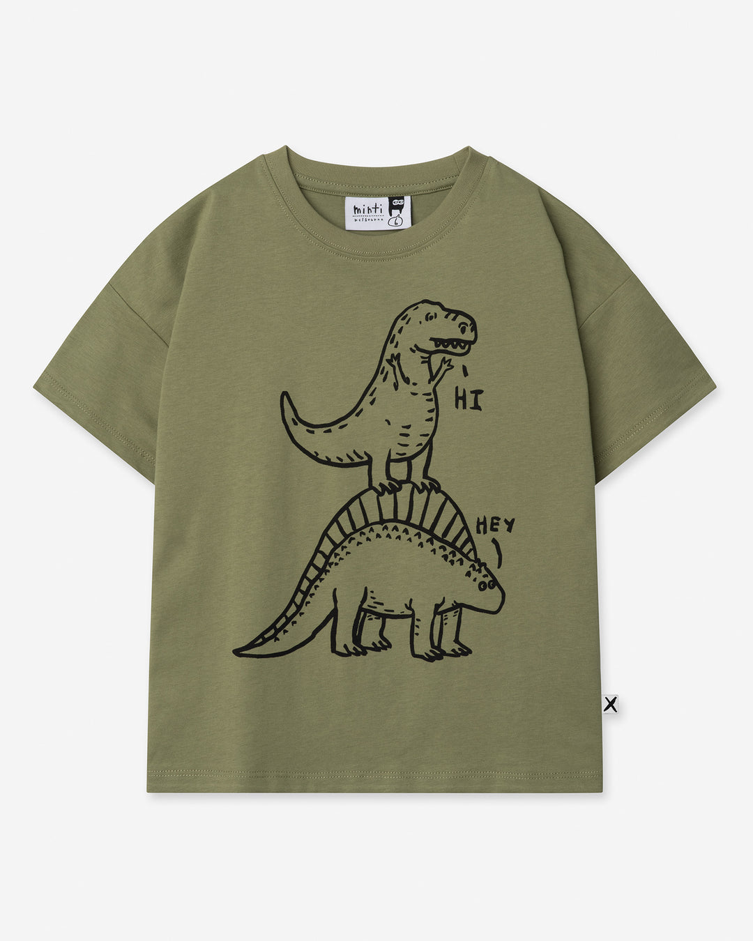 Dino Ride Tee in light khaki, boys t shirt by Minti, flat lay