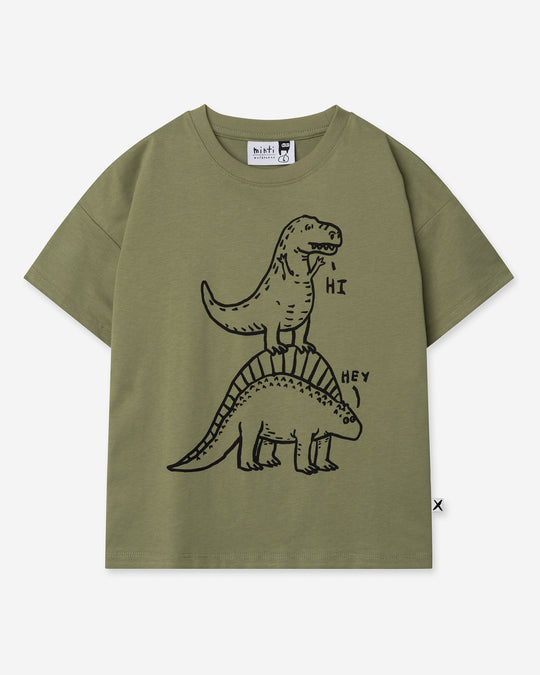 Dino Ride Tee in light khaki, boys t shirt by Minti, flat lay