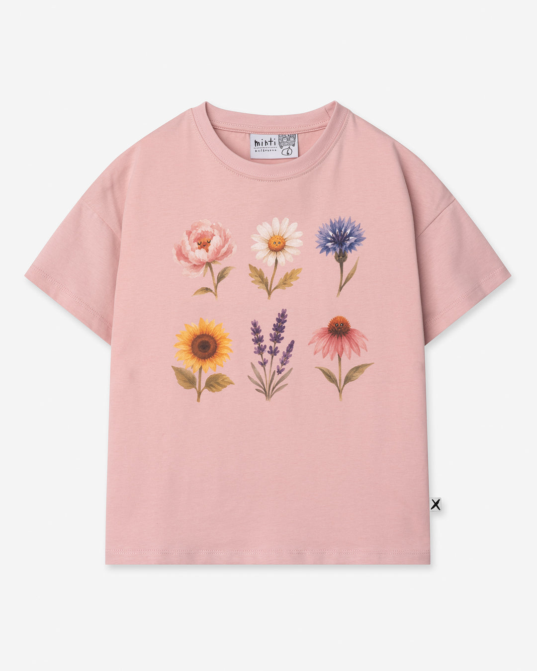 Flower Friends Tee in muted pink, girls t shirt by Minti, flat lay