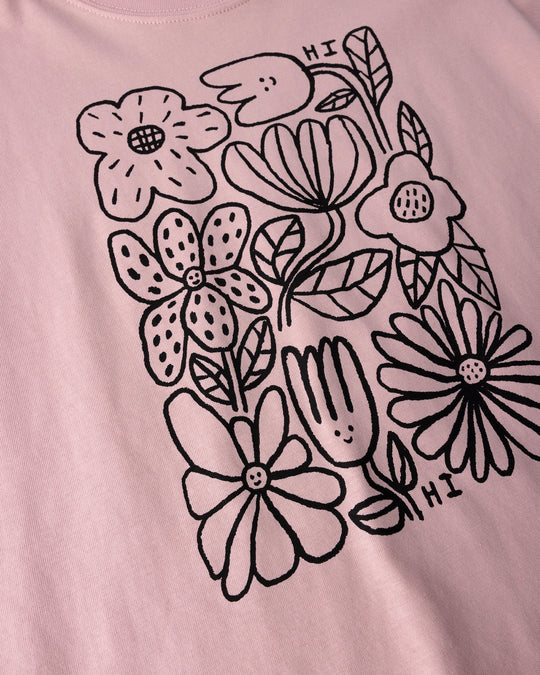 Close up of the Flower Party Tee print in muted pink