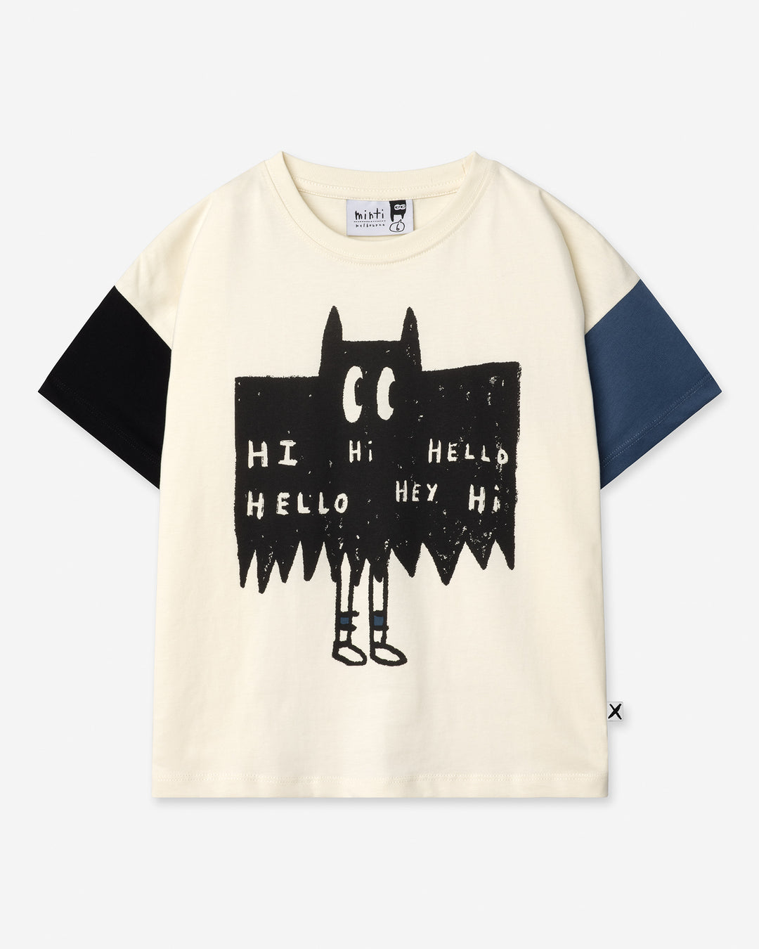 Greetings Bat Tee in cream, black and midnight, boys t shirt by Minti, flat lay