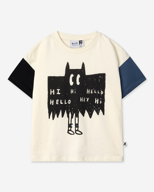 Greetings Bat Tee in cream, black and midnight, boys t shirt by Minti, flat lay