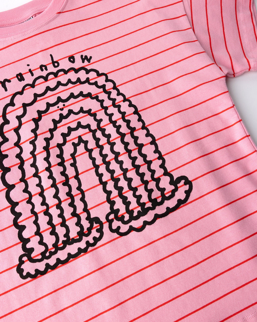 Close up of the Happy Rainbow Tee print in pink and red stripe