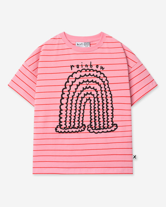 Happy Rainbow Tee in pink and red stripe, girls t shirt by Minti, flat lay