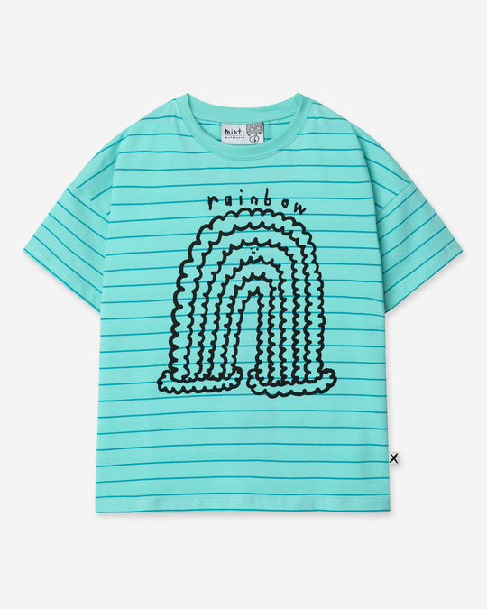 Happy Rainbow Tee in teal stripe, girls t shirt by Minti, flat lay