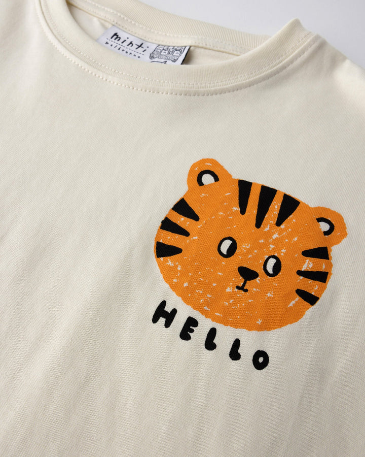 Close up of the Hello Tiger Tee print in cream
