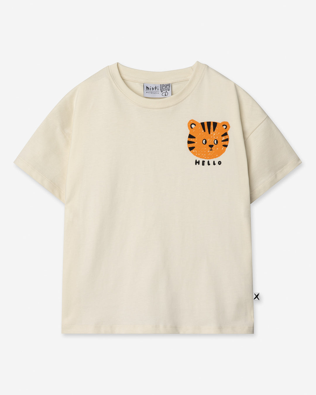 Hello Tiger Tee in cream, girls t shirt by Minti, flat lay