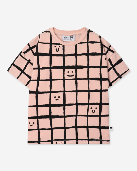 Happy Squares Tee in dusty pink, girls t shirt by Minti, flat lay