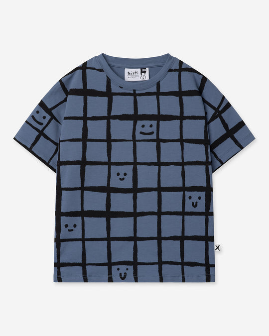 Happy Squares Tee in muted blue, boys t shirt by Minti, flat lay