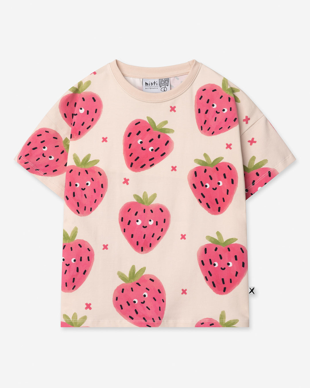 Happy Strawberry Tee in cream, girls t shirt by Minti, flat lay