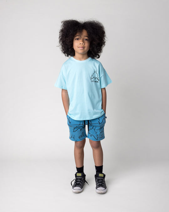 Kid wearing the Just Hanging Tee in light aqua with the Just Hanging Short in sky wash, front view
