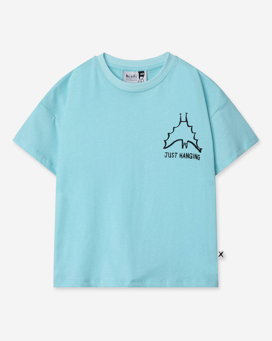 Just Hanging Tee in light aqua, boys t shirt by Minti, flat lay