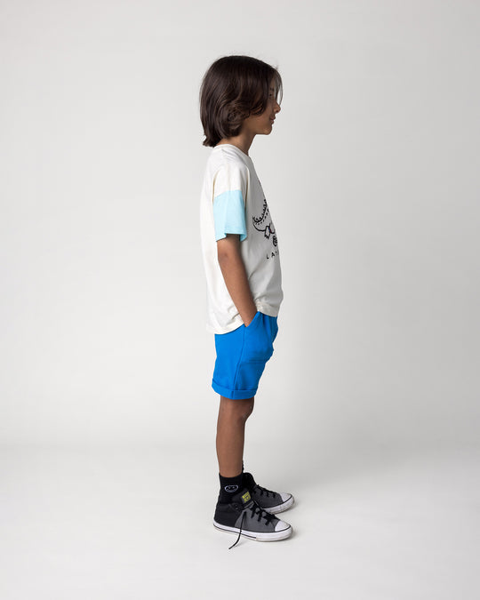 Kid wearing the Later Gator Tee in cream and blues with the Roller Short in cobalt, side view