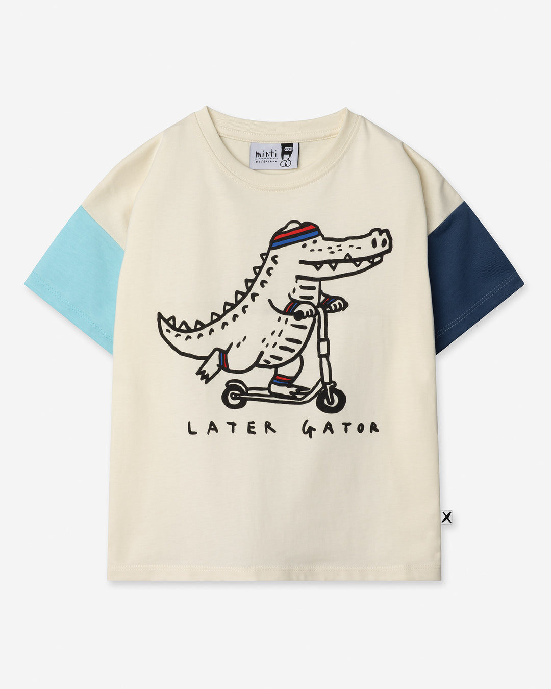 Later Gator Tee in cream and blues, boys t shirt by Minti, flat lay