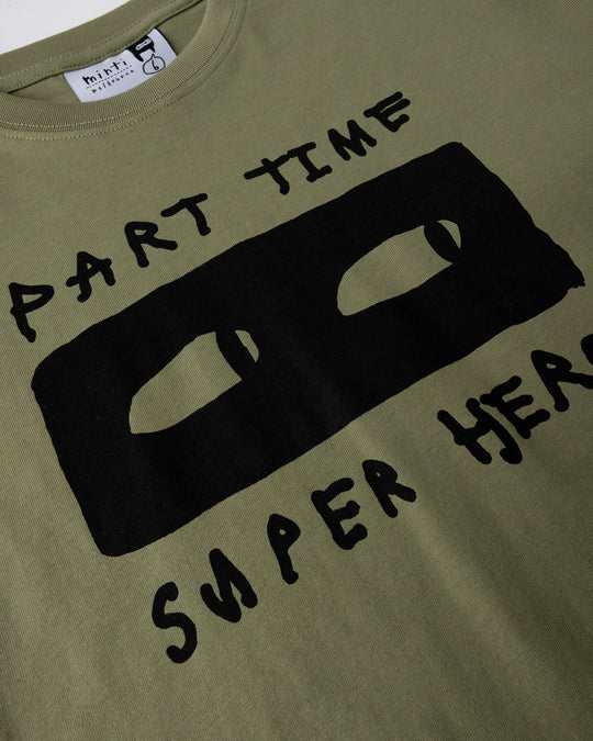 Close up of the Part Time Super Hero Tee print in light khaki