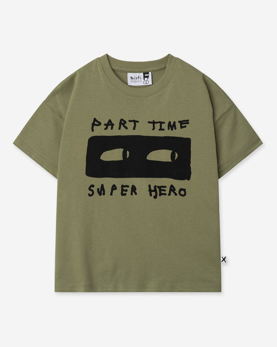 Part Time Super Hero Tee in light khaki, boys t shirt by Minti, flat lay
