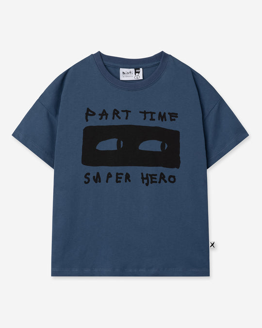 Part Time Super Hero Tee in midnight, boys t shirt by Minti, flat lay