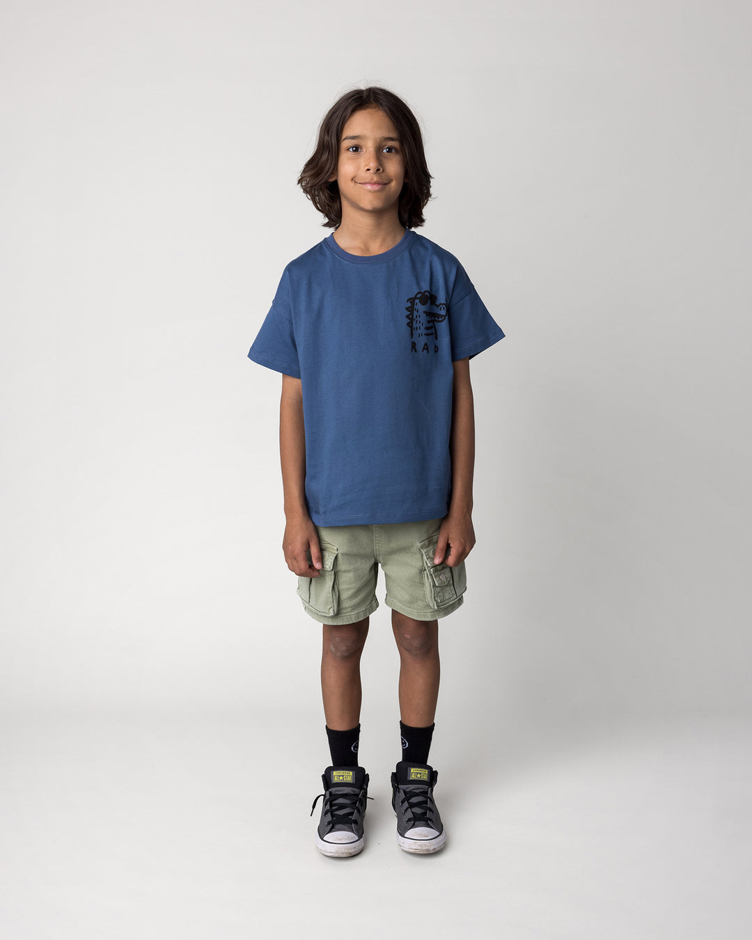 Kid wearing the Rad Croc Tee in blue, front view