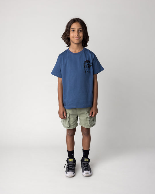 Kid wearing the Rad Croc Tee in blue, front view