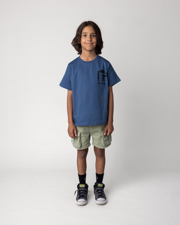 Kid wearing the Rad Croc Tee in blue, front view
