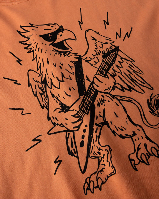Close up of the Rock Griffin Tee print in light orange