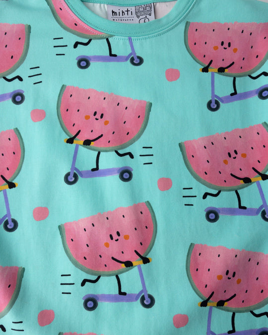 Close up detail of the Scooting Watermelon Tee in light mint