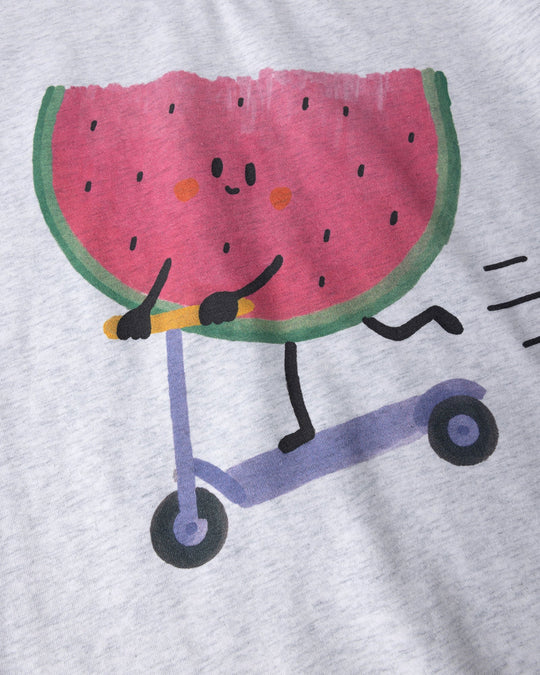 Close up of the Scooting Watermelon Tee print in white marle, candy and green