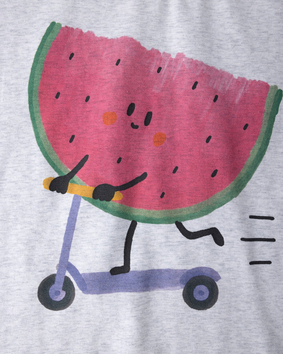 Close up of the Scooting Watermelon Tee print in white marle, candy and green