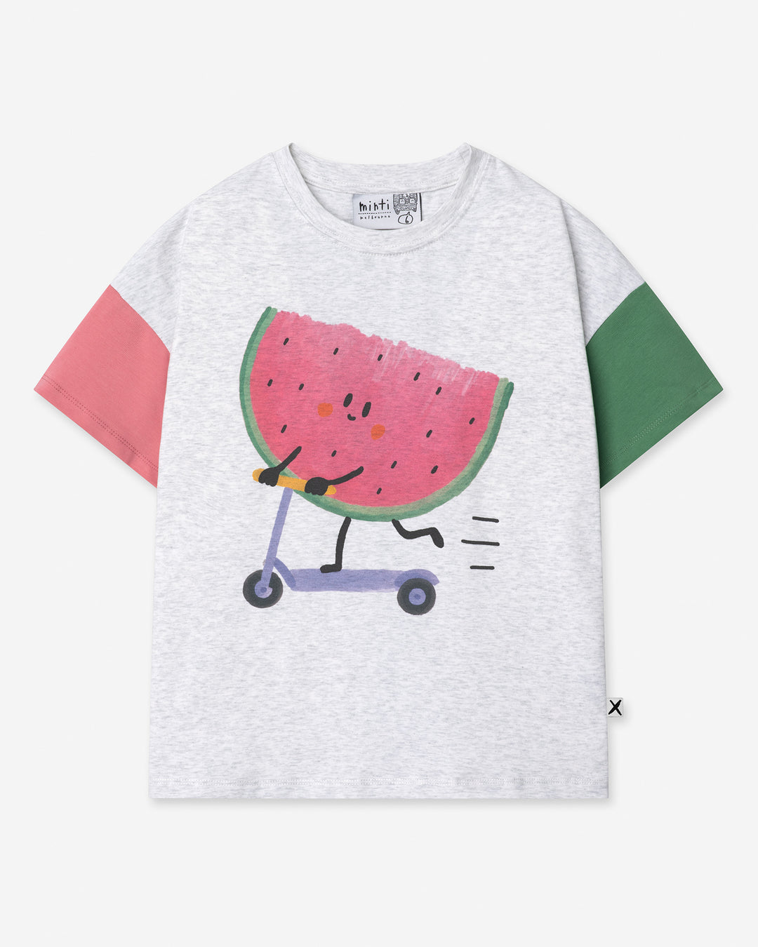 Scooting Watermelon Tee in white marle, candy and green, girls t shirt by Minti, flat lay