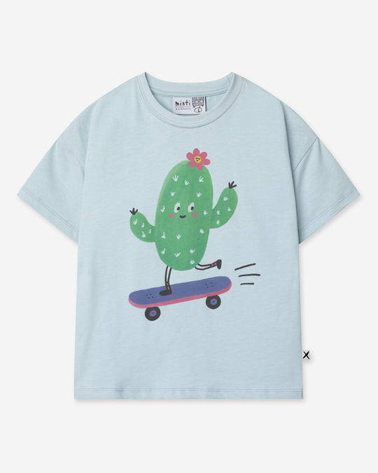 Skate Cactus Tee in light blue, girls t shirt by Minti, flat lay